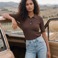 Mocka Mix Ribbed Polo Collar Knit Sweater - Full Body View - Suzy Shier