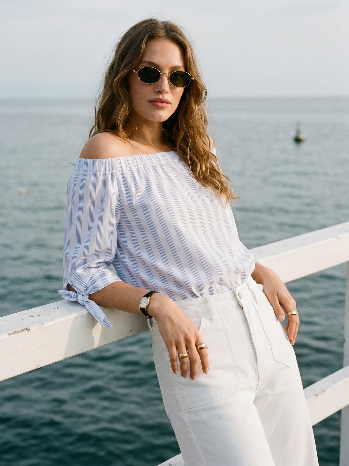 Yarn Dye Stripe Off-the-Shoulder Blouse - Woman Wearing Tie-Detail Sleeve Top - Suzy Shier