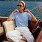 Blue Yonder Stripe Striped Cotton Crew Neck Tee - Woman Wearing Loose Fit Striped Tee - Suzy Shier
