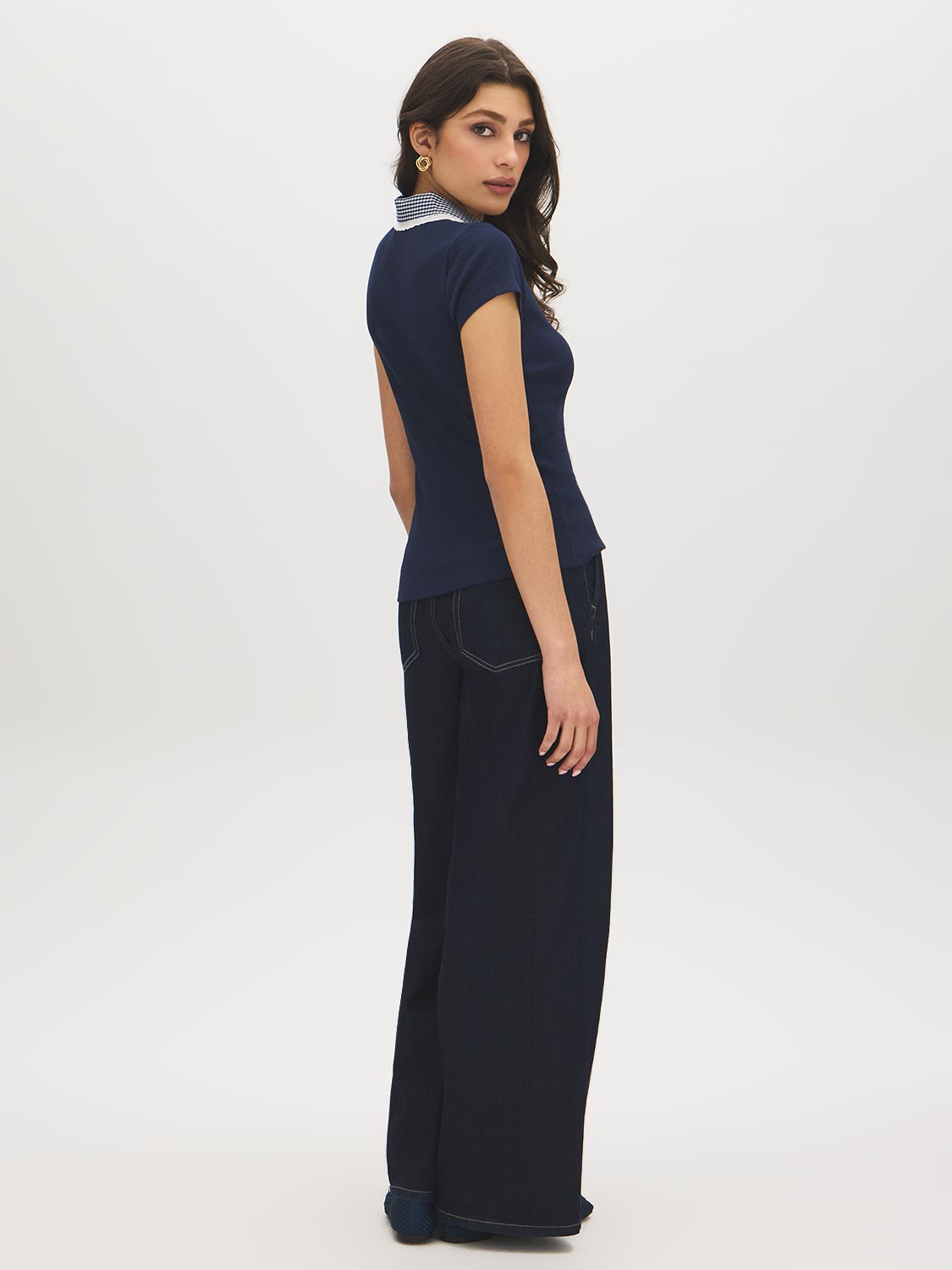 Naval Academy Ribbed 2fer Knit Top with Gingham Collar - Back View - Suzy Shier