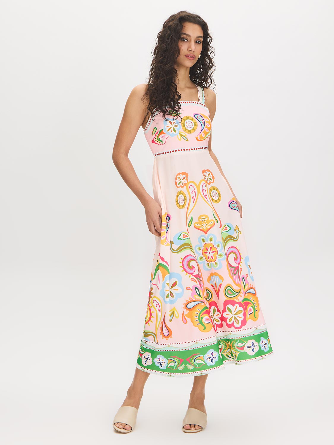 Printed Maxi Dress with Spaghetti Straps - Woman Wearing Flowing Maxi Dress - Suzy Shier