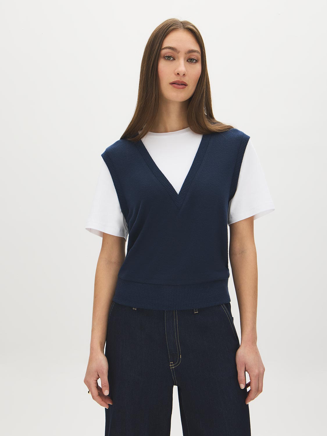 Navy Blazer Melange Crew Neck 2fer Top with V-Neck Vest - Woman Wearing Layered Look Knit Top - Suzy Shier