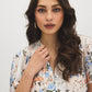 Winter White Floral Print Blouse with Smocked Shoulders - Close-up Fabric Detail - Suzy Shier