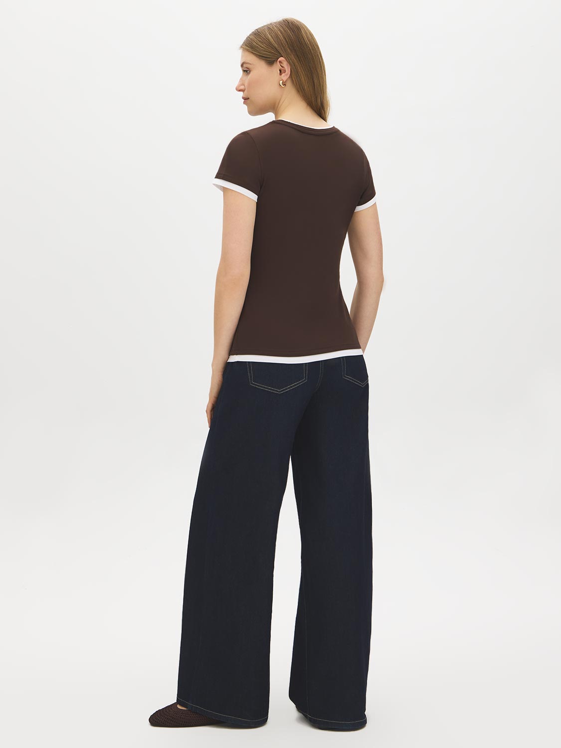Coffee Bean and White Double Layer Crew Neck Top - Back View - Suzy Shier
