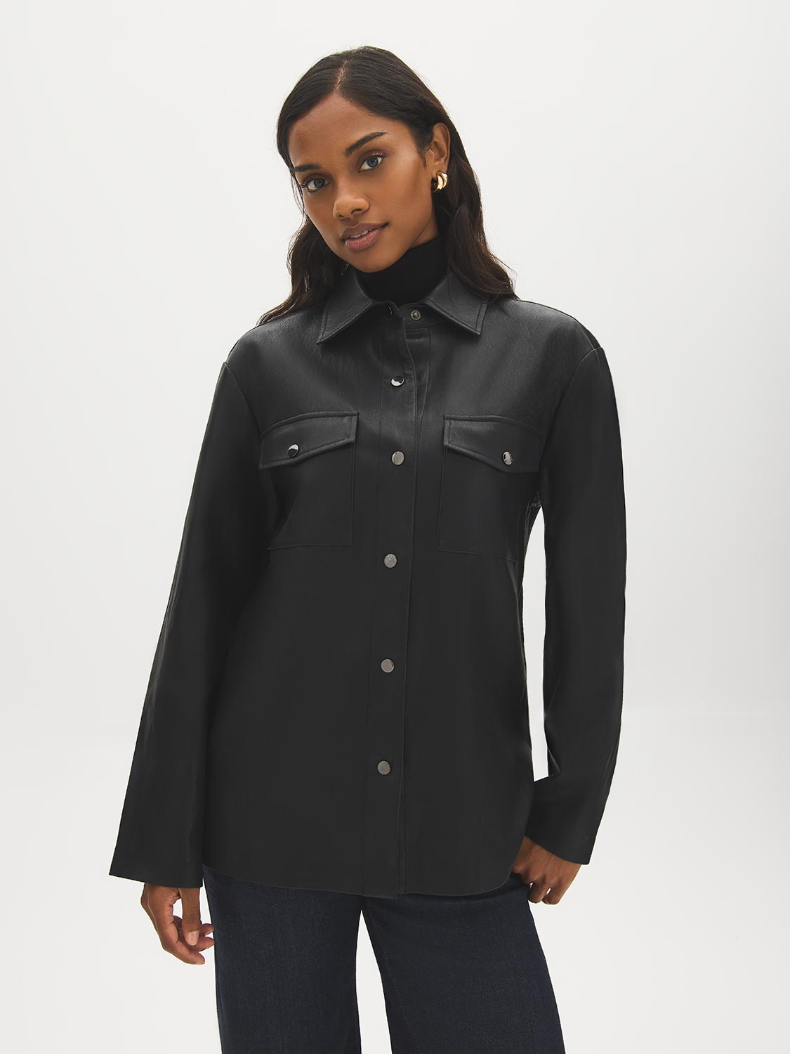 Black Textured Faux Leather Jacket with Patch Pockets - Woman Wearing Casual Outerwear - Suzy Shier