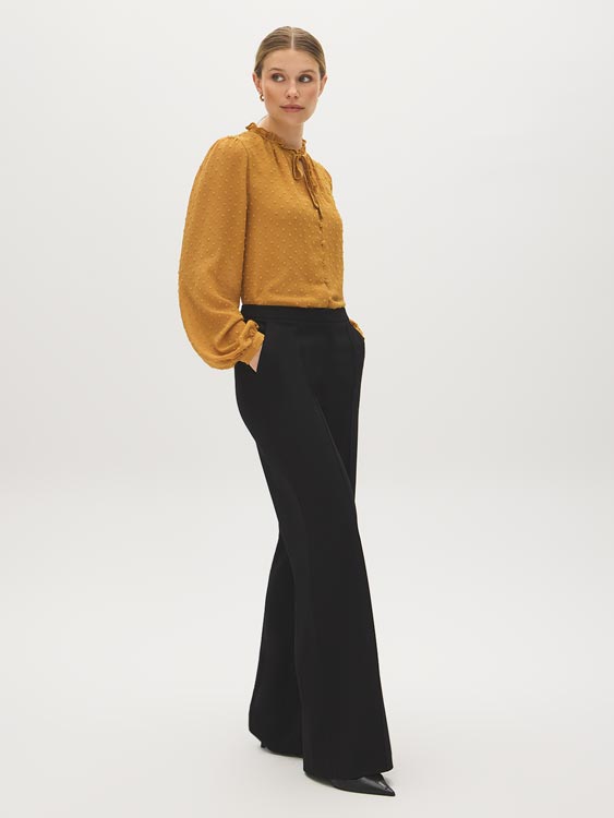 Wood Trush Swiss Dot Blouse with Peplum Hem - Side Profile View - Suzy Shier