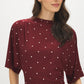 Zinfandel Polka Dot Funnel Neck Top with Kimono Sleeves - Close-up Fabric Detail - Suzy Shier