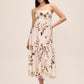 Brown/Antique Cream Leaf Print Strapless Midi Dress - Woman Wearing Pleated Strapless Dress - Le Chateau
