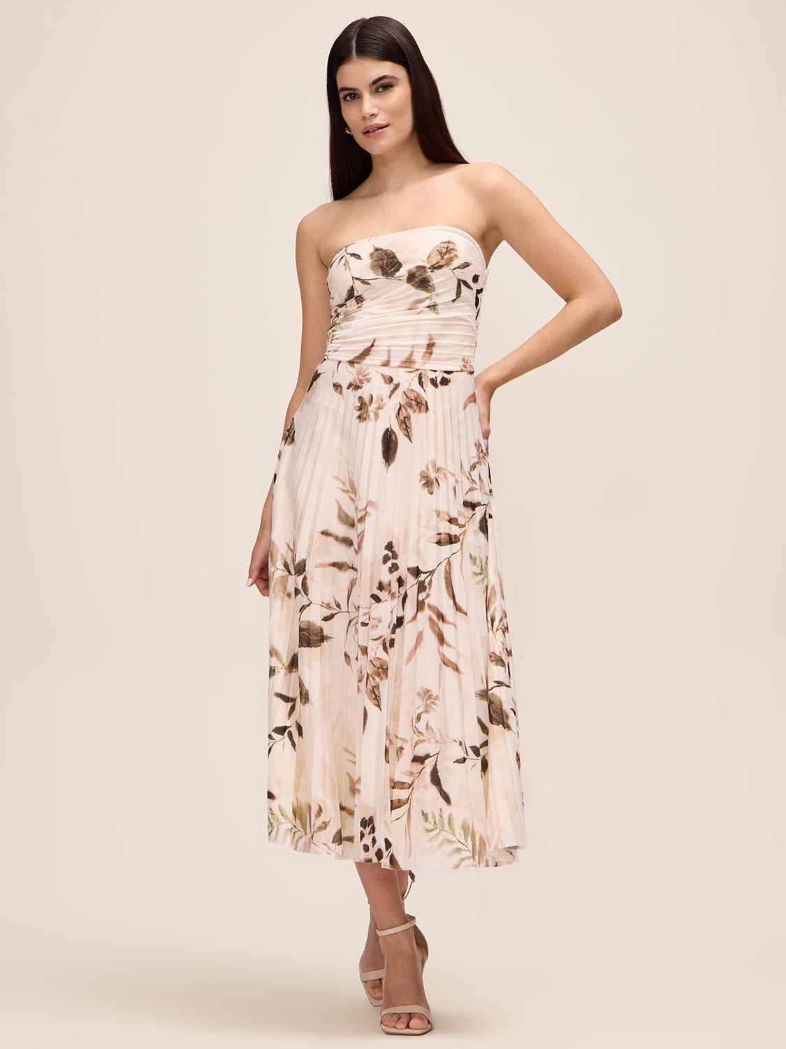 Brown/Antique Cream Leaf Print Strapless Midi Dress - Woman Wearing Pleated Strapless Dress - Le Chateau