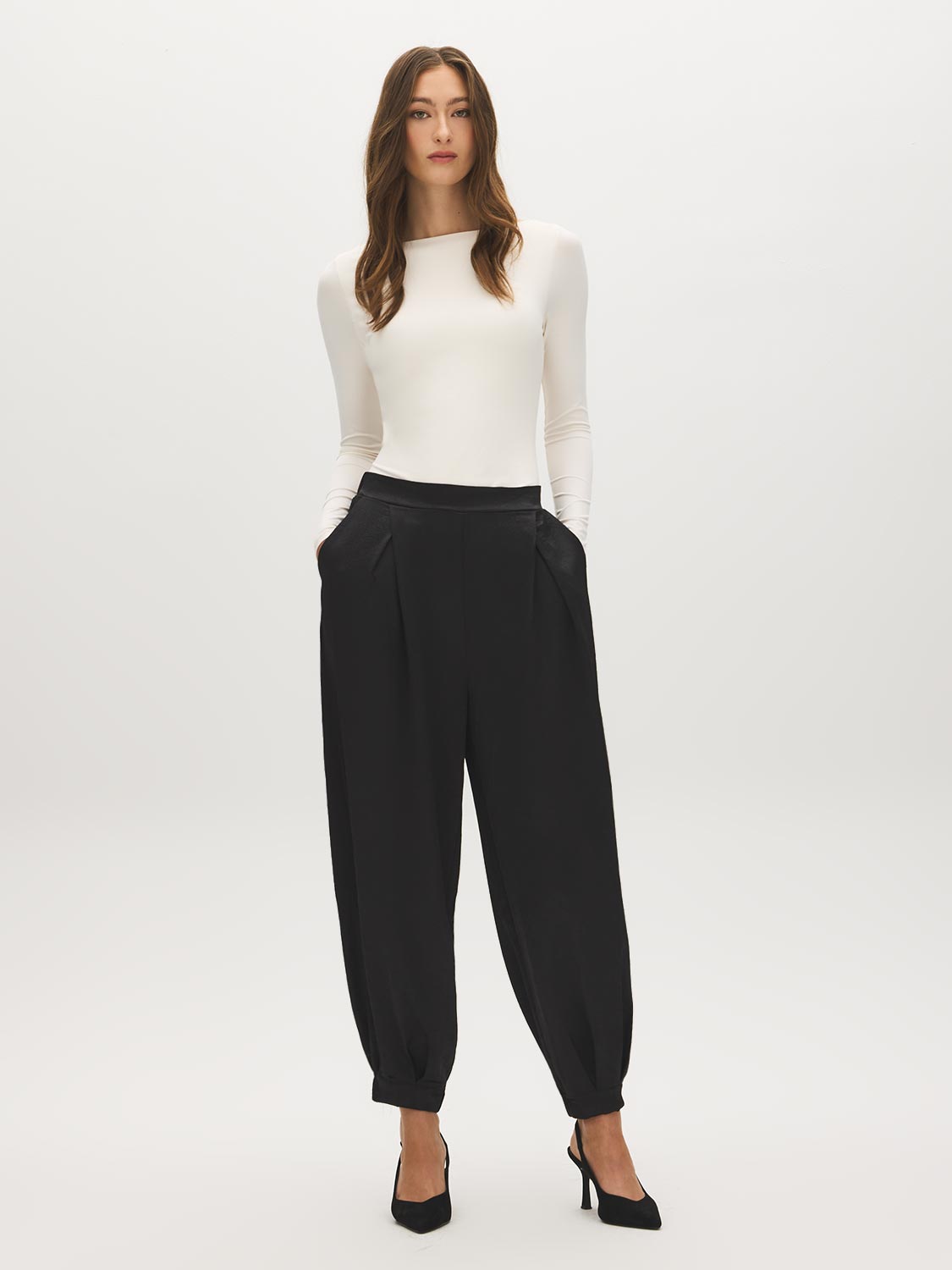 Black Crinkled Satin Balloon Pants - Front View - Suzy Shier