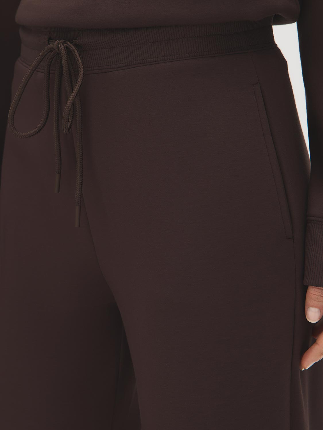 Coffee Bean Cloud Fleece Wide-Leg Pant - Close-up Waistband Detail - Suzy Shier