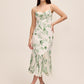 Pearl/Khaki Floral Chiffon Midi Dress - Woman Wearing Elegant Pleated Hem Dress - Le Chateau