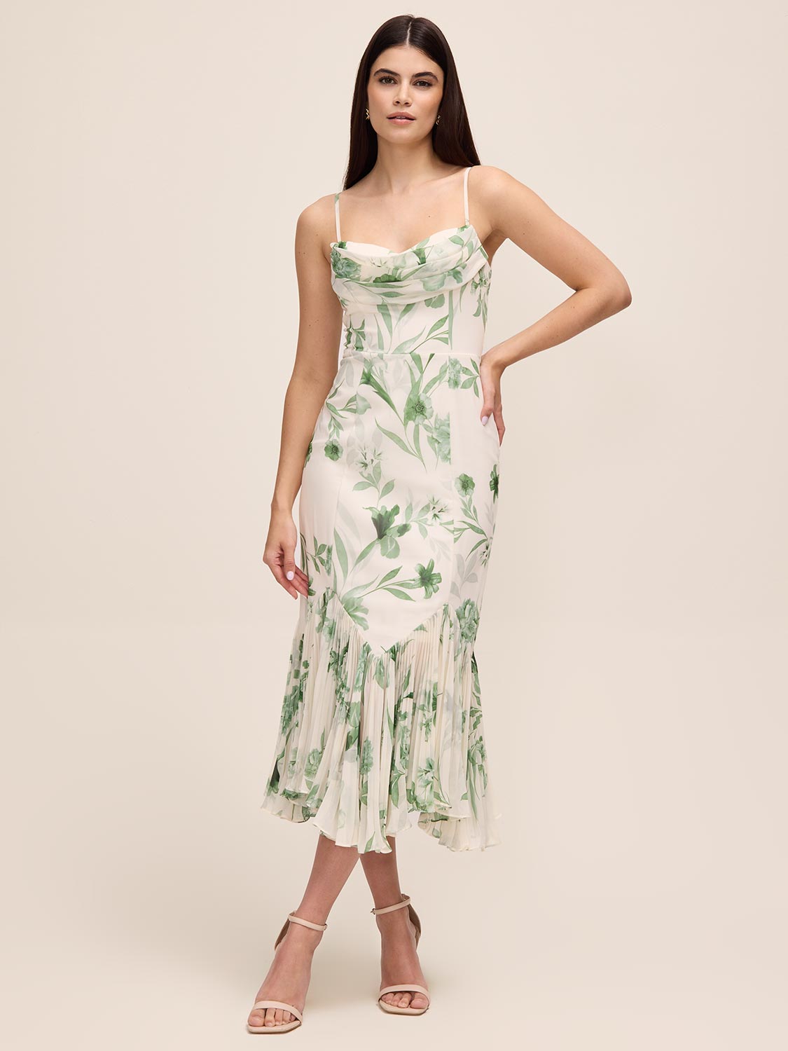 Pearl/Khaki Floral Chiffon Midi Dress - Woman Wearing Elegant Pleated Hem Dress - Le Chateau
