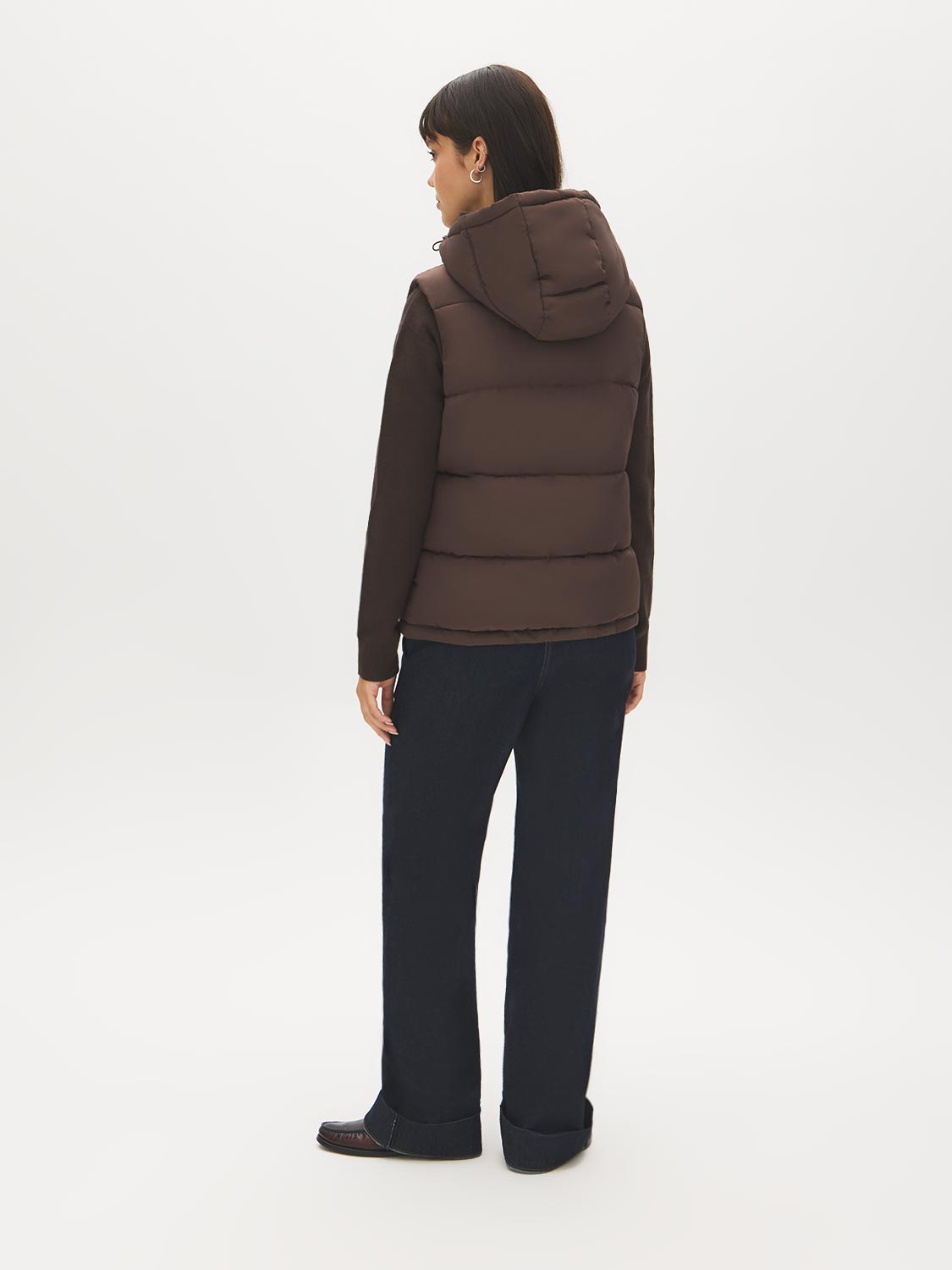 Brown Quilted Puffer Vest with Hood - Back View - Suzy Shier