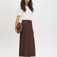 Milk Chocolate Satin Bias-Cut Pull-On Skirt - Woman Wearing Mid-Length Flowing Skirt - Suzy Shier