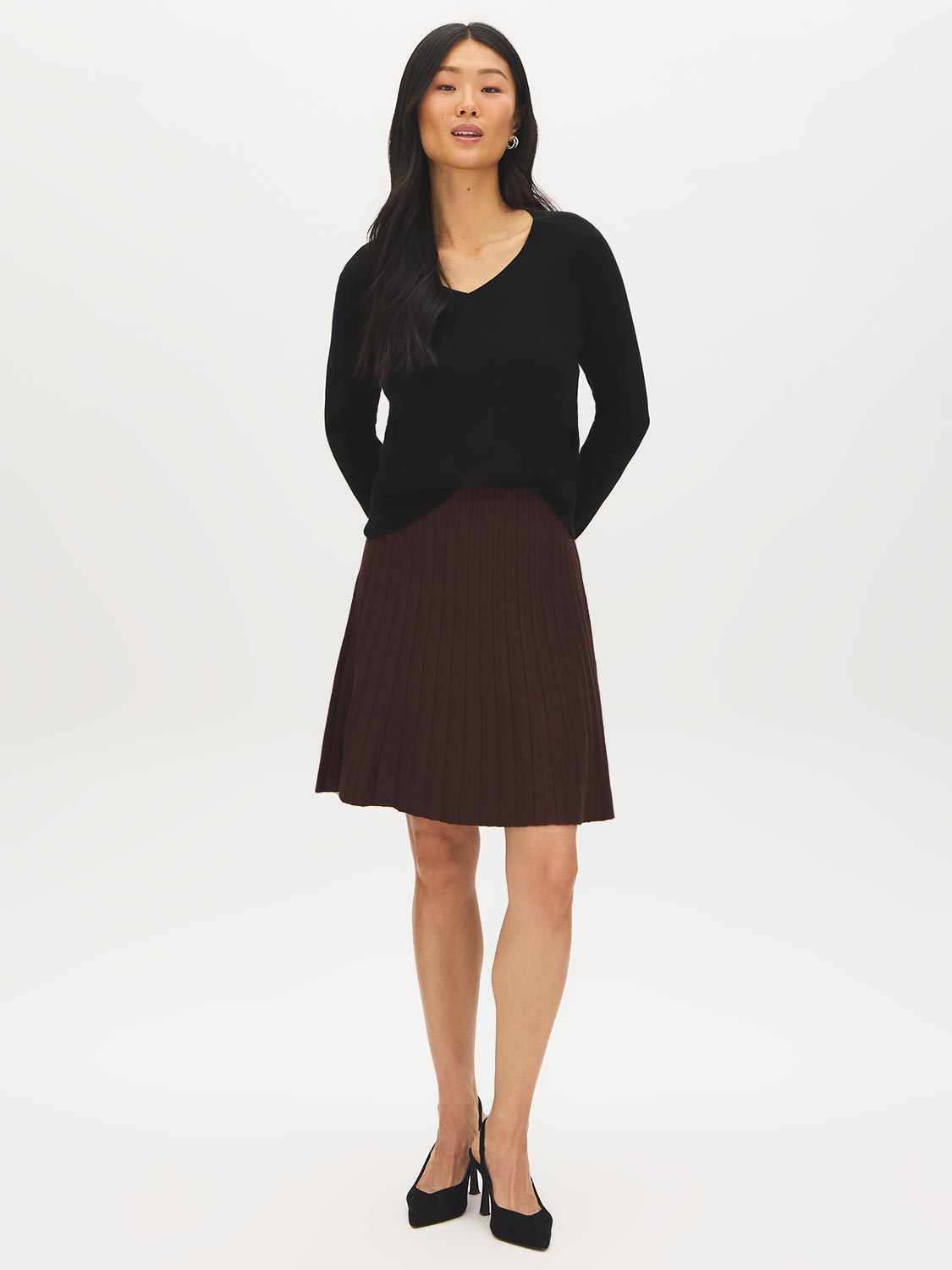 Brown Pleated Sweater Knit Mini Skirt - Woman Wearing Flippy Skirt with Pleats - Suzy Shier