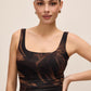 Toffee and Black Ruched Floral Print Midi Dress - Close-up Neckline Detail - Le Chateau