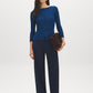 Estate Blue Ribbed Boat Neck Top with Button Front - Front View - Suzy Shier