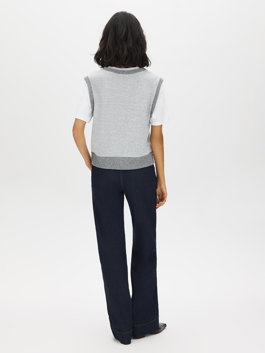 Grey Melange Crew Neck Jersey Top with Hacci Vest - Back View - Suzy Shier