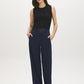 Navy High-Rise Barrel Leg Knit Pants - Woman Wearing Casual Pants with Side Seam Detail - Suzy Shier