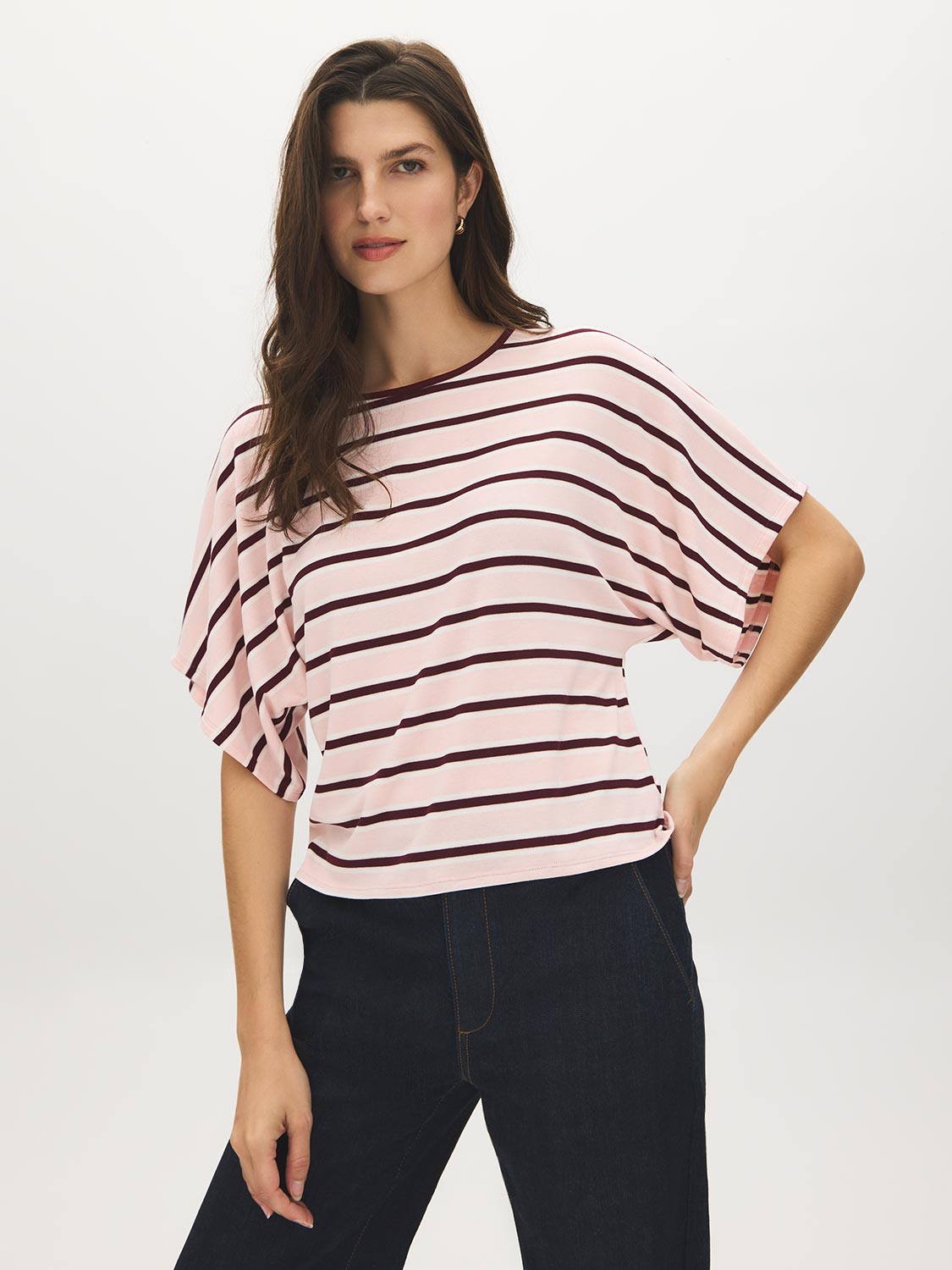 Striped Jersey Top - Woman Wearing Casual Striped Knit - Suzy Shier