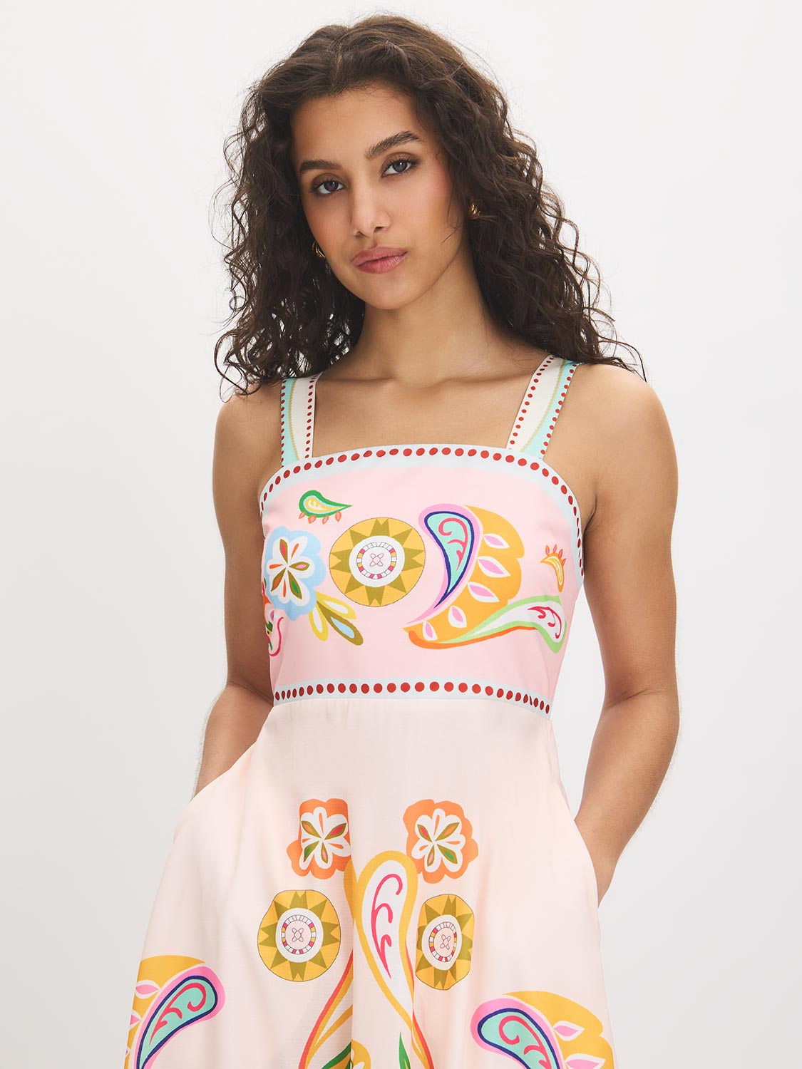Printed Maxi Dress with Spaghetti Straps - Woman Wearing Flowing Maxi Dress - Suzy Shier