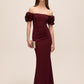 Bordeaux Off-Shoulder Knit Crepe Gown with Chiffon Rosette Sleeves - Front View - Le Chateau