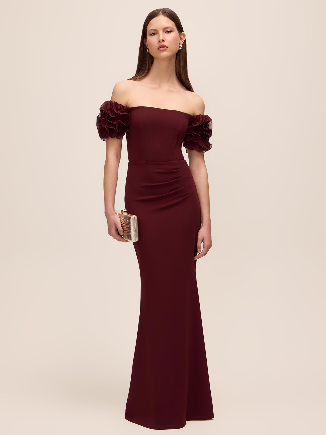Bordeaux Off-Shoulder Knit Crepe Gown with Chiffon Rosette Sleeves - Front View - Le Chateau