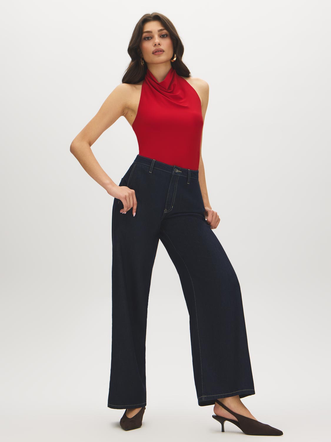 Jester Red Cowl Neck Halter Knit Top - Woman Wearing High Cowl Neck Top - Suzy Shier
