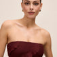 Bordeaux Strapless Mesh Midi Dress with Asymmetrical Ruffles - Close-up Bodice Detail - Le Chateau