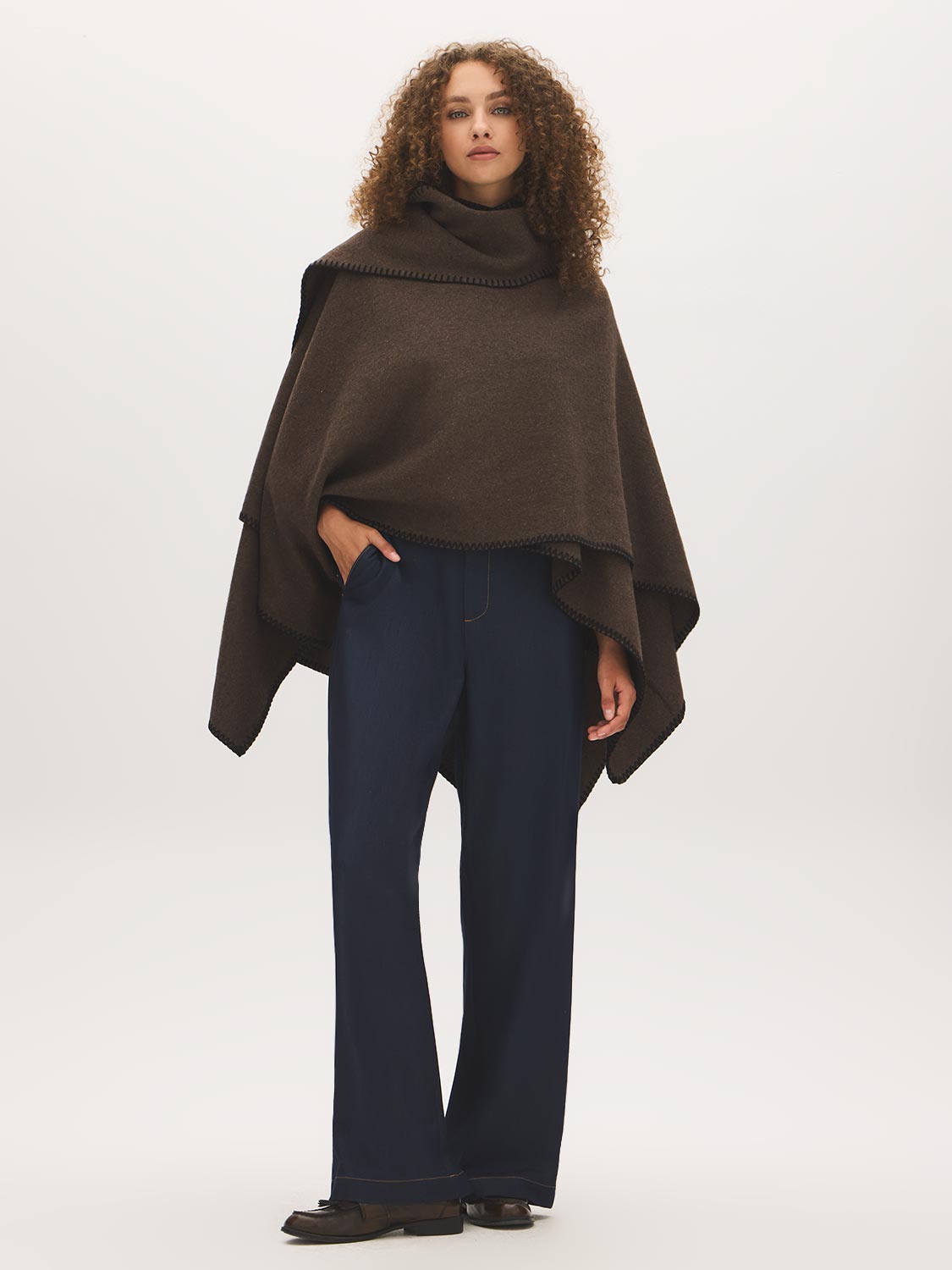 Grey Melange Woven Cape with Contrast Scarf - Back View - Suzy Shier