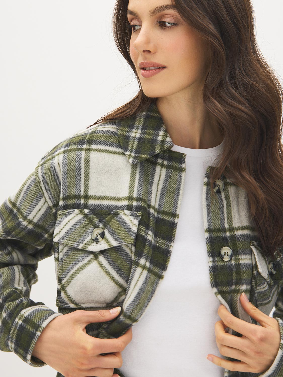 Khaki Plaid Shacket with Front Pockets - Pocket Detail - Suzy Shier