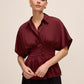 Bordeaux Satin Pleated Waist Blouse - Woman Wearing Drop Shoulder Blouse - Le Chateau