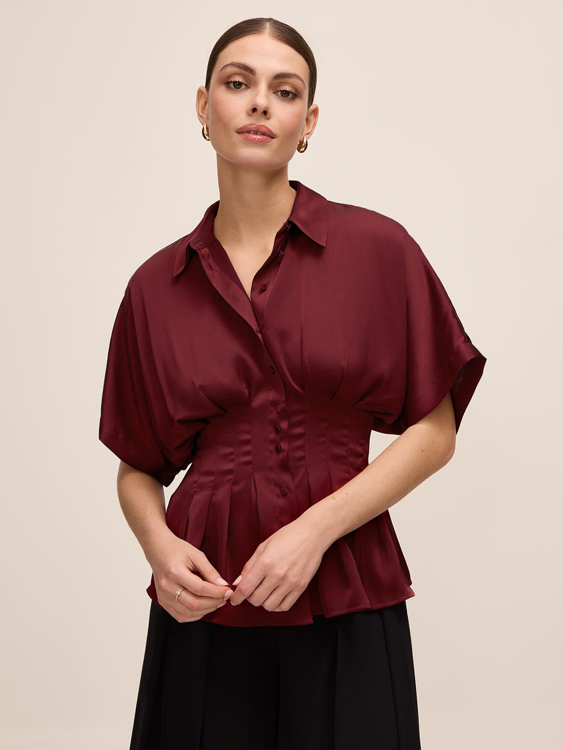 Bordeaux Satin Pleated Waist Blouse - Woman Wearing Drop Shoulder Blouse - Le Chateau