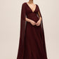 Bordeaux V-Neck Pleated Chiffon Gown - Front View with Cape - Le Chateau