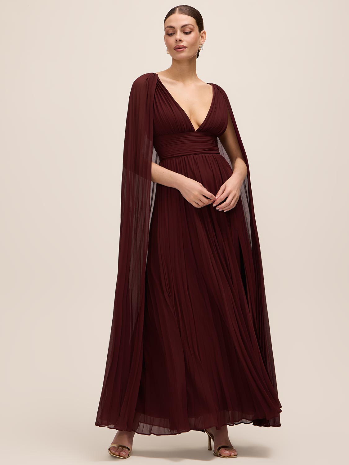 Bordeaux V-Neck Pleated Chiffon Gown - Front View with Cape - Le Chateau