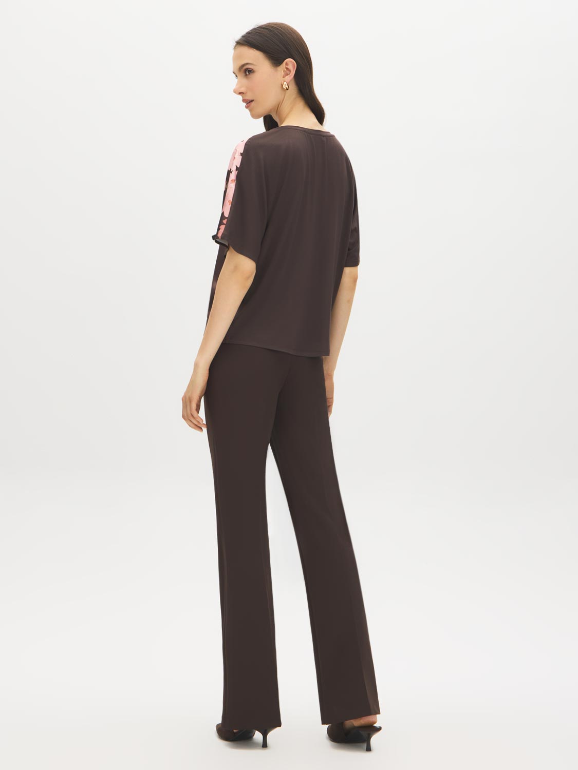 Coffee Bean Floral Satin-Front Dolman Sleeve Top - Back View - Suzy Shier