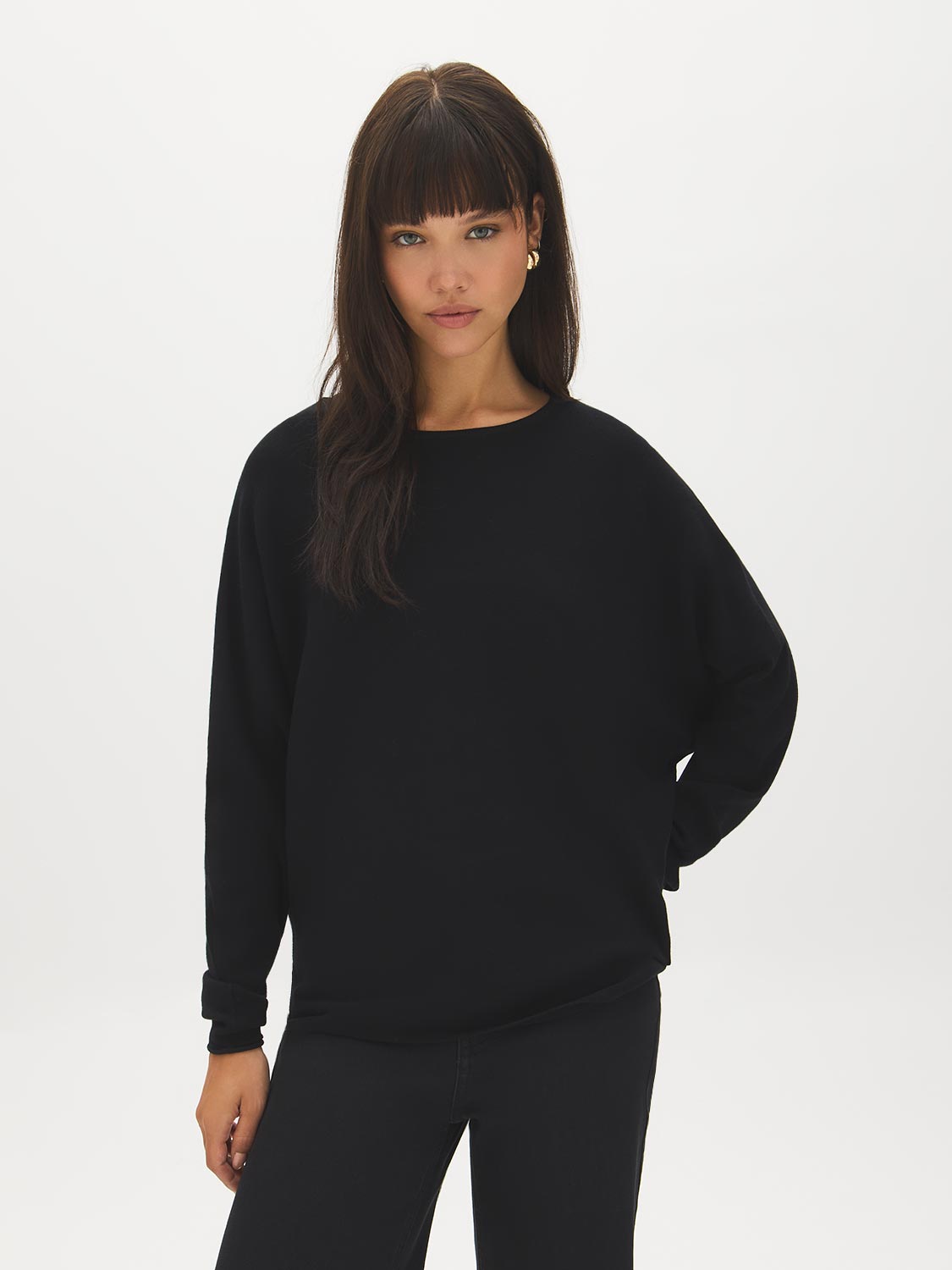 Black Dolman Sleeve Knit Sweater - Woman Wearing Relaxed Fit Sweater - Suzy Shier