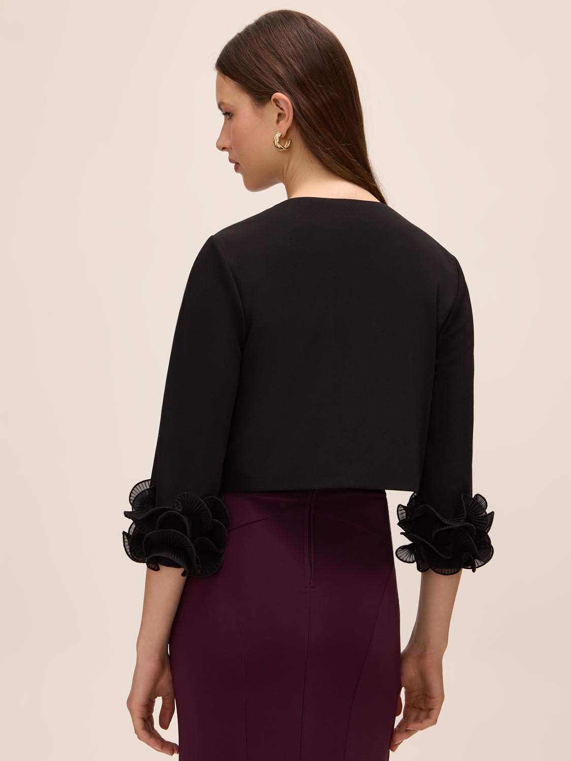 Black Knit Crepe Cover Up with Chiffon Cuff - Back View - Le Chateau