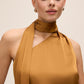 Dijon Fringe Scarf Satin Top - Close-up Neckline Detail - Le Chateau