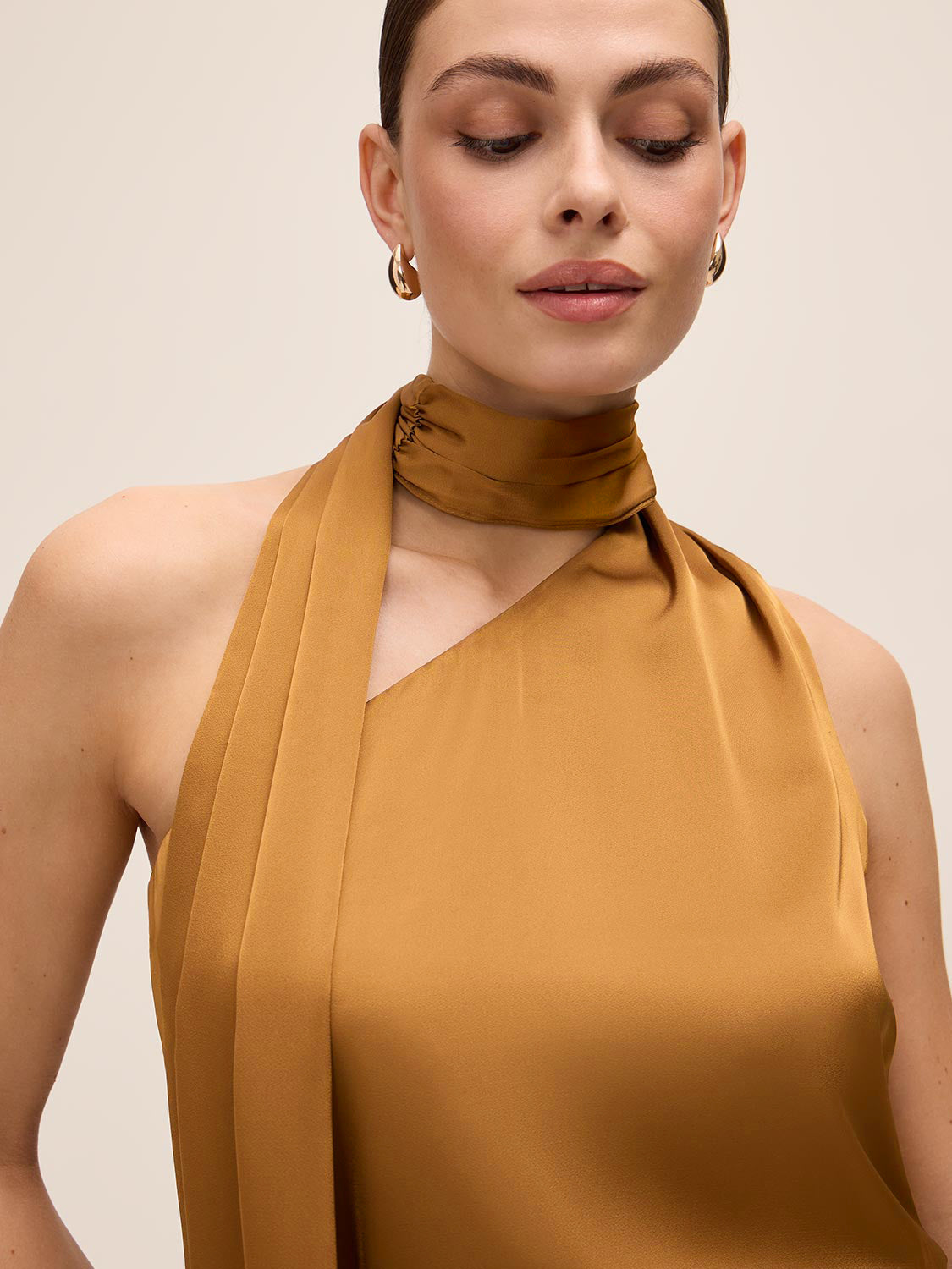 Dijon Fringe Scarf Satin Top - Close-up Neckline Detail - Le Chateau