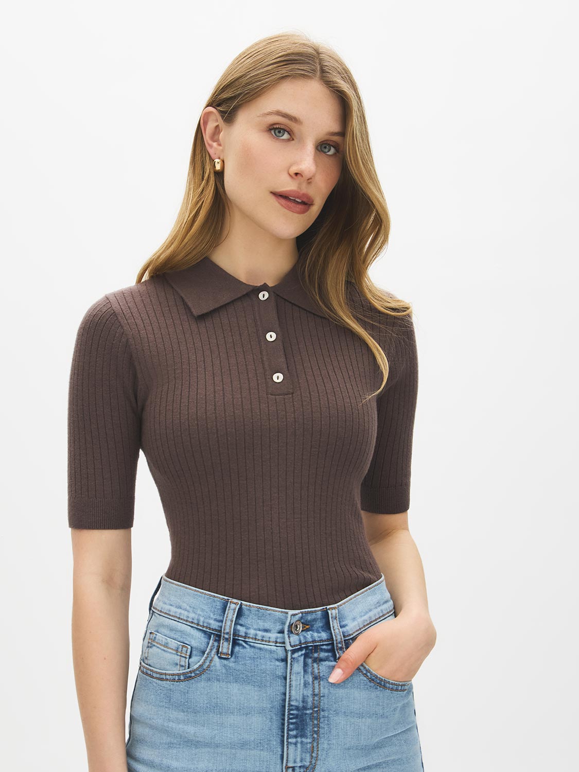 Mocka Mix Ribbed Polo Collar Knit Sweater - Woman Wearing Button-Detail Knit Top - Suzy Shier