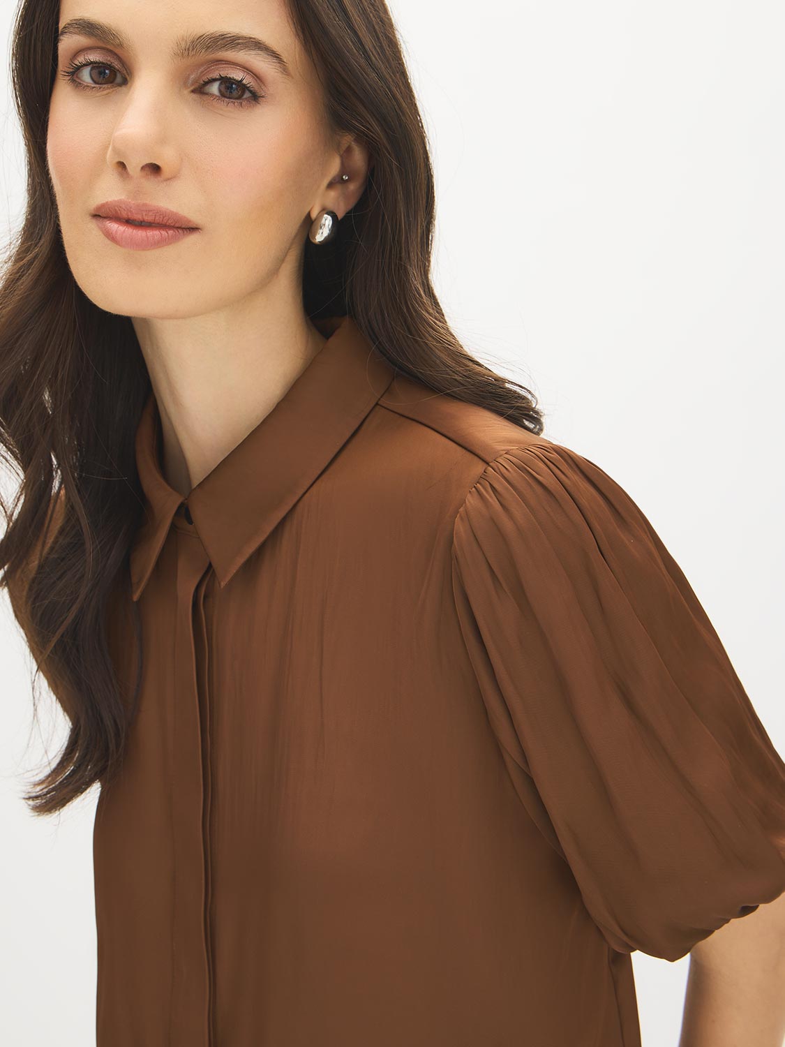 Bison Matte Satin Blouse with Bubble Sleeves - Close-up Sleeve Detail - Suzy Shier