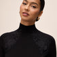 Black Short Sleeve Sweater with Lace Appliqué - Collar Detail - Le Chateau
