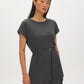 Charcoal Dolman Sleeve Jacquard Tunic Top - Woman Wearing Relaxed Fit Top with Self Belt - Suzy Shier