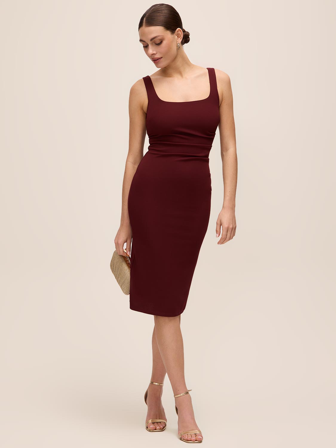 Bordeaux Knit Crepe Scoop Neck Midi Dress - Front View - Le Chateau