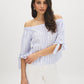 Yarn Dye Stripe Off-the-Shoulder Blouse - Woman Wearing Tie-Detail Sleeve Top - Suzy Shier