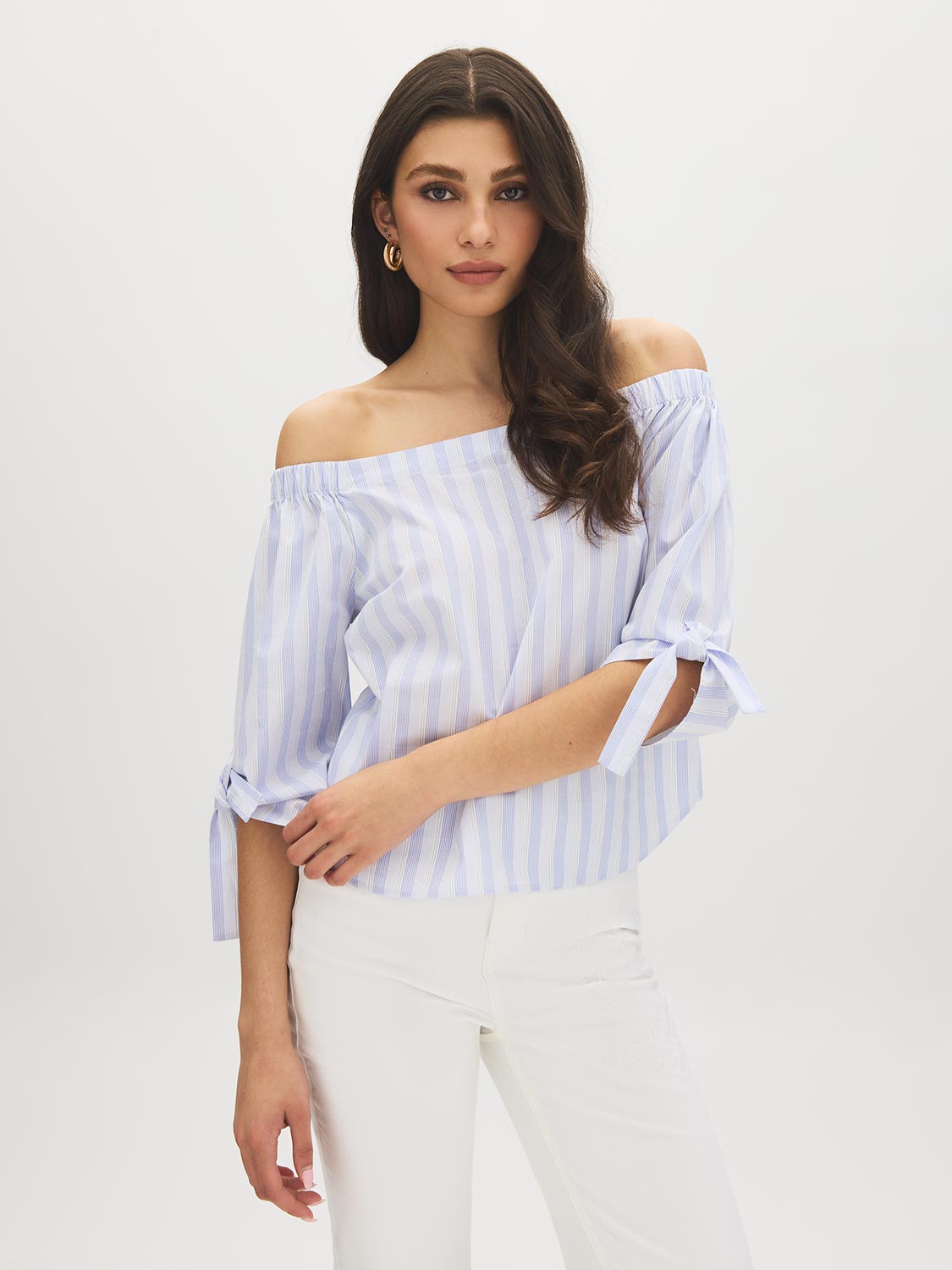 Yarn Dye Stripe Off-the-Shoulder Blouse - Woman Wearing Tie-Detail Sleeve Top - Suzy Shier