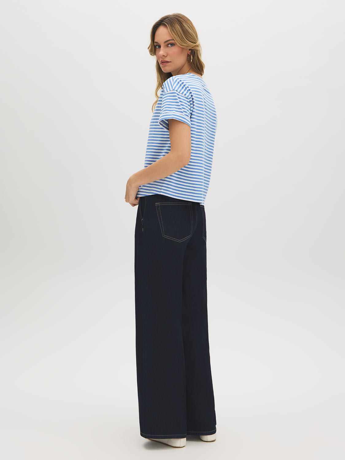 Blue Yonder Stripe Striped Cotton Crew Neck Tee - Woman Wearing Loose Fit Striped Tee - Suzy Shier