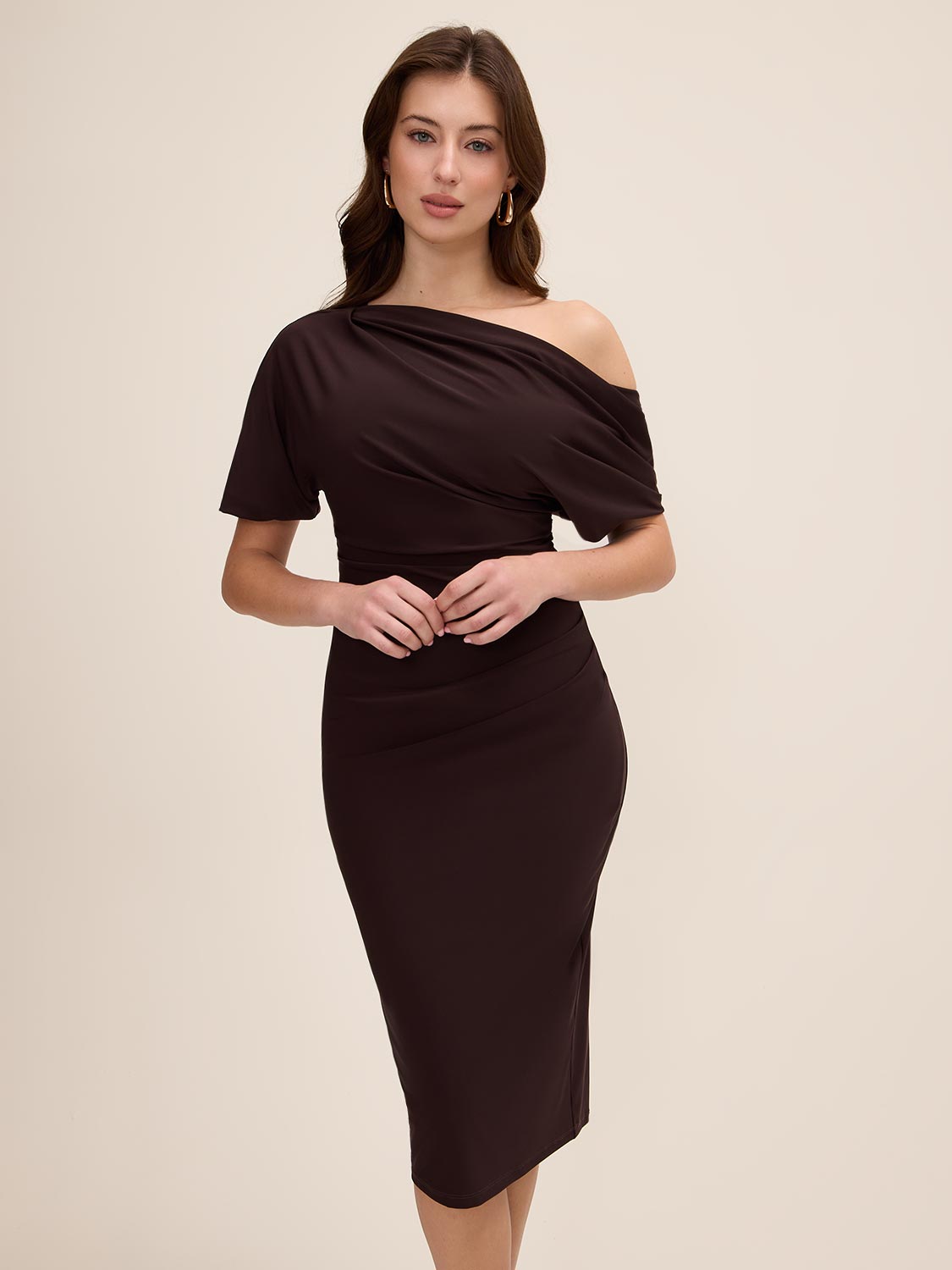 Coco Powder Asymmetrical Neckline Sheath Dress - Woman Wearing Elegant Fitted Dress - Le Chateau